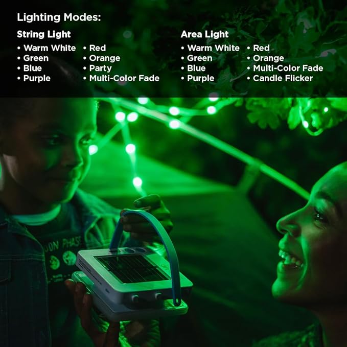 LuminAID Color Solar String Light with Phone Charger - Multicolor Tent Lights for Camping - 23 ft Rechargeable String Lights Perfect for Camping, Backyard, Patio, RVs, Outdoor, Power Outages (1 Pack)