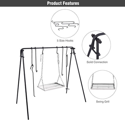 Lineslife Grill Swing Campfire Cooking Stand with Adjusatble Stainless Steel Grill Grate, Collapsible BBQ Grill with Hooks and Accessories for Outdoor Camping Cookware & Dutch Oven