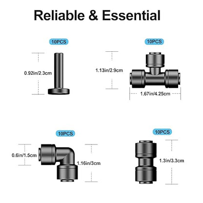 40 Pack 1/4 Inch Drip Tubing Irrigation Fittings Kit Set for 1/4" Drip Line with Push-to-Fit Connectors Includes 10 Tee 10 Coupling 10 Elbow 10 End Cap