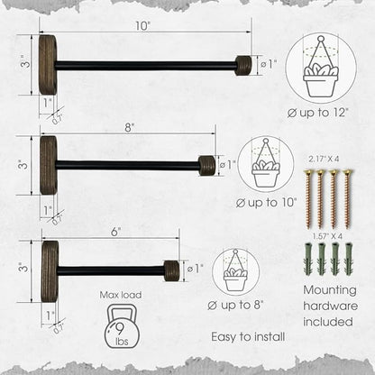 EvenWood 2-Piece Set of Wooden Plant Hooks for Wall with Sturdy Metal Tube - Plant Wall Hanger for Pots, Flower Brackets - Bracket Plant Hanger for Indoor and Outdoor Decorations (Walnut, 6 Inch)