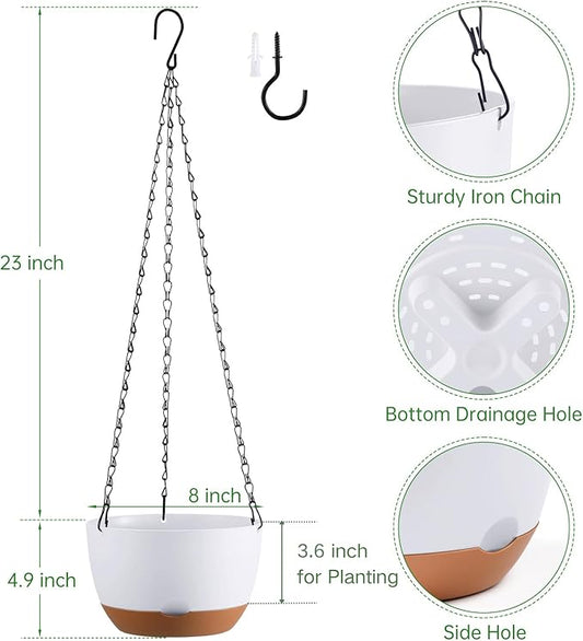 Set of 2 8 Inch Self Watering Hanging Planters for Indoor Outdoor Plants, Color Blocking Hanging Baskets Flower Pots with Drainage Hole & Removable Water-Storage Tray