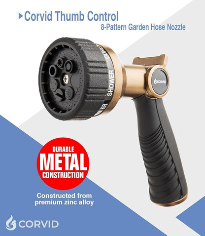 3-Pack Corvid Thumb Control 8-Pattern Garden Hose Nozzle, High-Pressure Adjustable Spray with Ergonomic Soft-Grip Handle and Durable Metal Construction, Ideal for Lawn & Garden, Car Washing