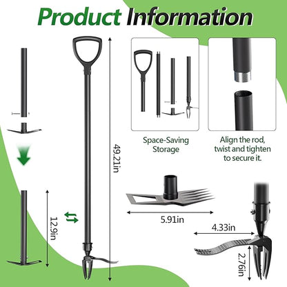 Stand Up Weed Puller Tool, 2-in-1 Weed Puller with 4 Claw Head & Rake, Effortless Root Puller for Dandelion & Weeds, No Bending or Kneeling, Ergonomic Garden Tool for Lawn & Yard Care