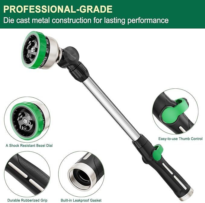 FANHAO Metal Garden Hose Wand, 16-Inch Heavy Duty Watering Wand with 9 Spray Patterns, 180° Rotating Long Garden Hose Nozzle Thumb Flow Control, Ideal to Water Hanging Baskets and Shrubs -Green