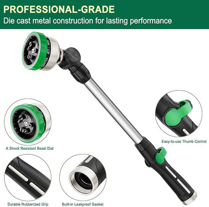 FANHAO Metal Garden Hose Wand, 16-Inch Heavy Duty Watering Wand with 9 Spray Patterns, 180° Rotating Long Garden Hose Nozzle Thumb Flow Control, Ideal to Water Hanging Baskets and Shrubs -Green