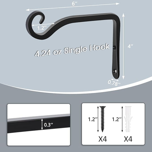 Gtongoko 2 Pack 6 Inch Plant Hangers Outdoor Metal, Plant Hooks for Wall Indoor, Outdoor Hooks for Hanging Bird Feeders, Plant Bracket, Lanterns, Wind Chinme, Black