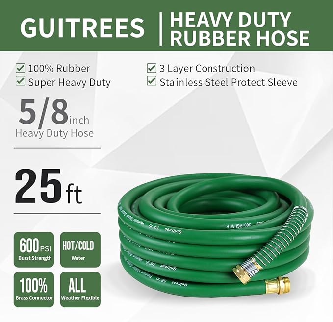 25FT 5/8 Heavy Duty Rubber Garden Hose - 200psi Working, 1000psi Burst - Hot/Cold Water - Five-Layered Braiding for Durability - Versatile for Gardening, Agriculture, Construction(Green)