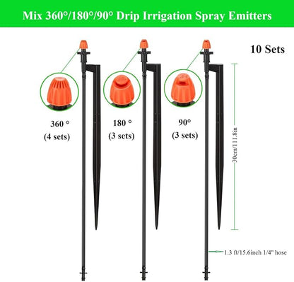 Drip Irrigation Spray Emitters with Stakes: 10 Sets Mixed 360/180/90 Degrees Drip Irrigation Sprayers for 1/4 inch Tubing Garden Irrigation System