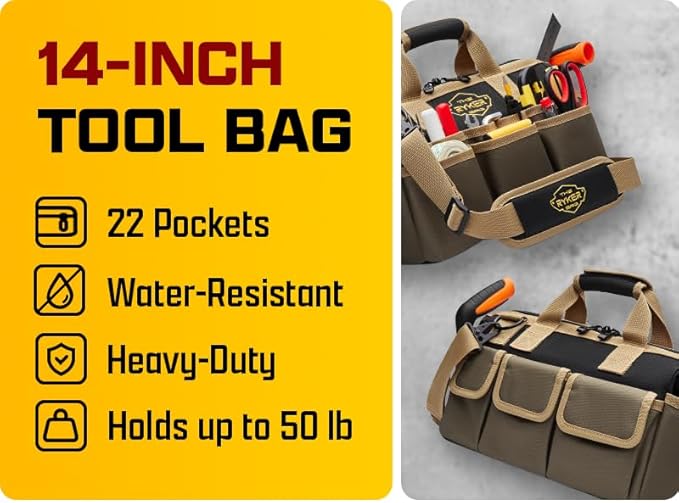The Ryker Heavy Duty Tool Bags for Men/Women. 14 Inch Small Wide Mouth Mechanic/plumber/Contractor/Electrician Tool Bag Organizer 22Pockets Soft Portable Tools Bags Organizer Toolbag for plumbing