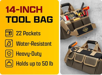 The Ryker Heavy Duty Tool Bags for Men/Women. 14 Inch Small Wide Mouth Mechanic/plumber/Contractor/Electrician Tool Bag Organizer 22Pockets Soft Portable Tools Bags Organizer Toolbag for plumbing