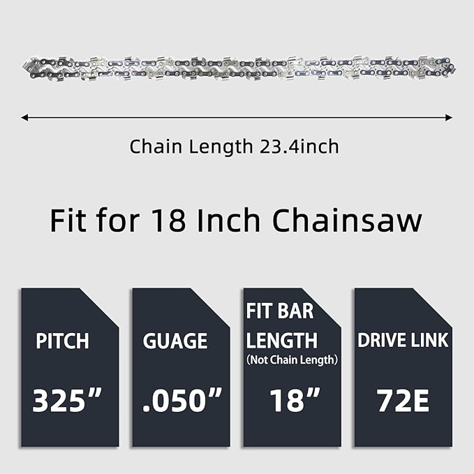 2 Pack 18 Inch Chainsaw Chain .325" Pitch .050'' Gauge 72 E Drive Links, 18-Inch Replacement Chains Fits Husqvarna 440 445, Echo Craftsman and more