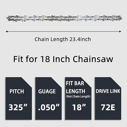 2 Pack 18 Inch Chainsaw Chain .325" Pitch .050'' Gauge 72 E Drive Links, 18-Inch Replacement Chains Fits Husqvarna 440 445, Echo Craftsman and more