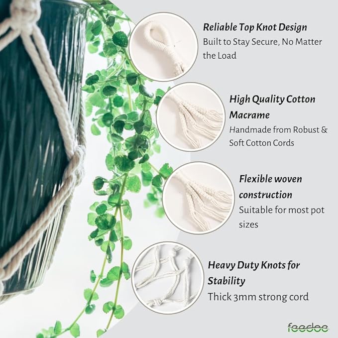 3 Pack Macrame Plant Hanger Indoor Hanging Planter for Plants Holder, Hanging Pot Holder Macrame Decorative Flower Pot Holder with 3 Hooks for Indoor Outdoor Boho Home Décor, Ivory (POTS NOT INCLUDED)