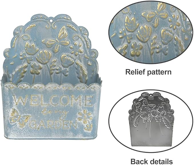 Decorative Hanging Wall Basket Shabby Chic Wall Planter for Indoor Planters Decor Blue Wall Planter Holder Metal Hanging Planter Wall Mounted Planter for Farmhouse Garden Wall Decor