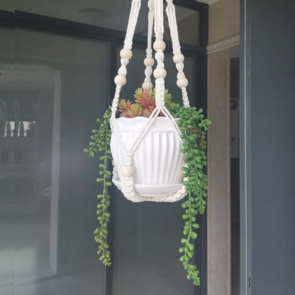 Macrame Plant Hanger 35", No Tassel Hanging Plant Holder, Sturdy Flower Pot Holder with 2 Hooks - Ivory