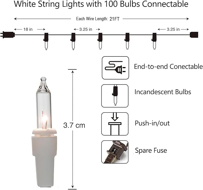 Vigdur 21ft White String Lights with 100 Bulbs on White Wire Cord, UL Approved for Indoor/Outdoors Use, Connectable 120V Clear Outdoor String Lights for Xmas Patio Home Party Garden Decor