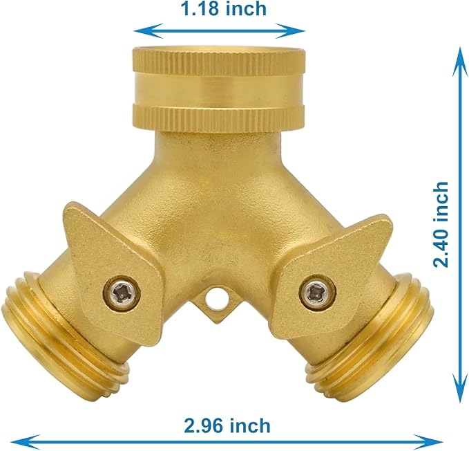 HYDRO MASTER Heavy Duty Brass 2 Way Y Splitter Garden Hose with Comfortable Grip Shut Off Valves, Adapter for Water Tap, Outlet, & Spigot, Includes Extra Rubber Washers