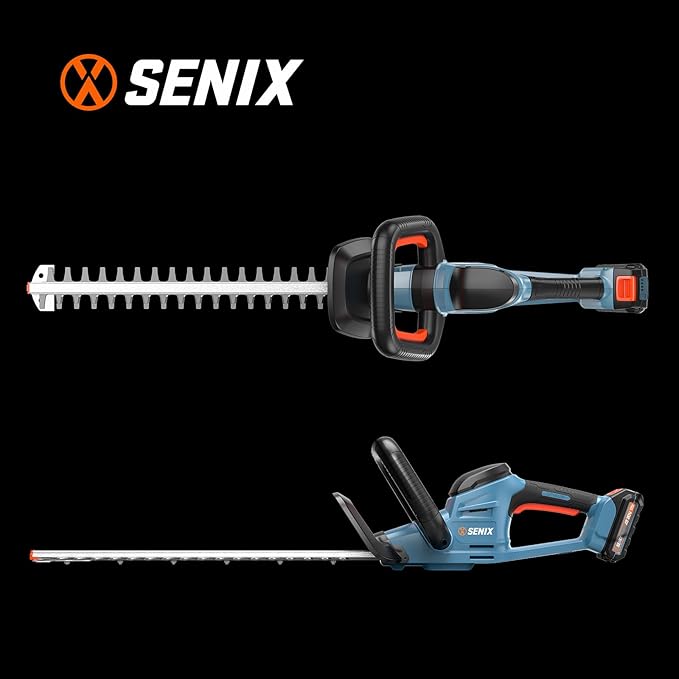 SENIX X2 20 Volt Max* 18-Inch Battery Powered Cordless Hedge Trimmer, Brushless Motor, Double-Sided Dual Action Blades, 3/4" Cutting Capacity, Includes Blade Cover, 2.5 Ah Battery & Charger (HTX2-M)