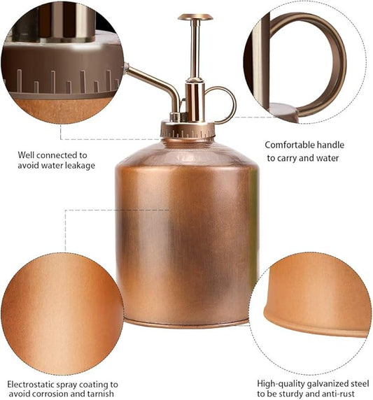 Galvanized Steel Plant Mister Spray Bottle, 8" Tall Vintage Plant Spritzer Watering Can, Succulent Watering Bottle with Top Pump for Indoor Outdoor Gardening (Bronze)