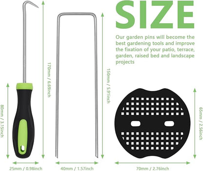 BDS-HOME 100sets Heavy Duty Garden Landscape Staples and Fixing Gasket with 1pc Pick Hook, 11 Gauge U Shaped Lawn Staples for Irrigation Hoses, Yard Weed Barrier, Fences and Tents, Decorations Fixed