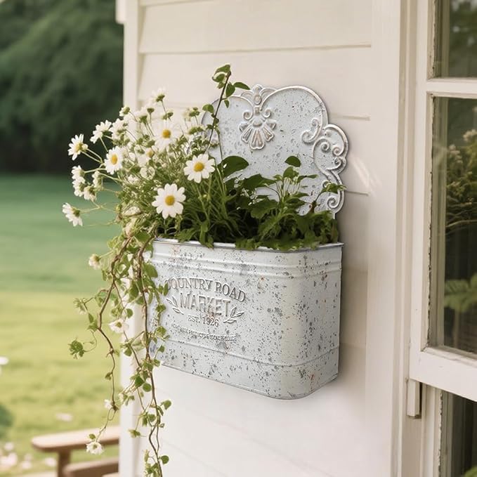 All Chic Set of 2 Metal Hanging Wall Planters Outdoor Indoor Mail Wall Mounted Planter Antique Shabby Chic Wall Decor (White Gold)