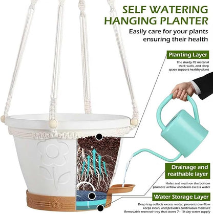 3 Pack Hanging Baskets Set, Hanging Planters for Indoor & Outdoor Plants, Self-Watering Hanging Pots with Removable Tray&Drainage Holes, Flower Pots for Home Garden Decor 10 Inch (White)