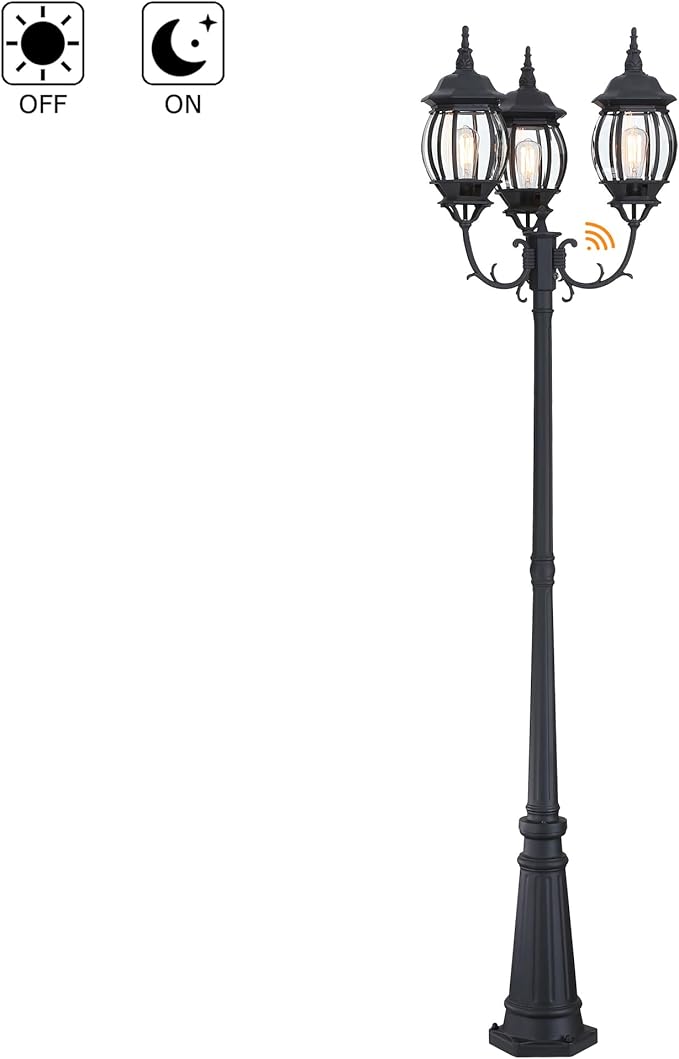 94 Inch Dusk To Dawn 3-Light Lamp Post For Backyard Garden Driveway Outdoor Street Light 94” Three-Head Post Light With Dusk To Dawn Sensor Outside Pole Lights,Aluminium Alloy,Clear Glass Shade,E26