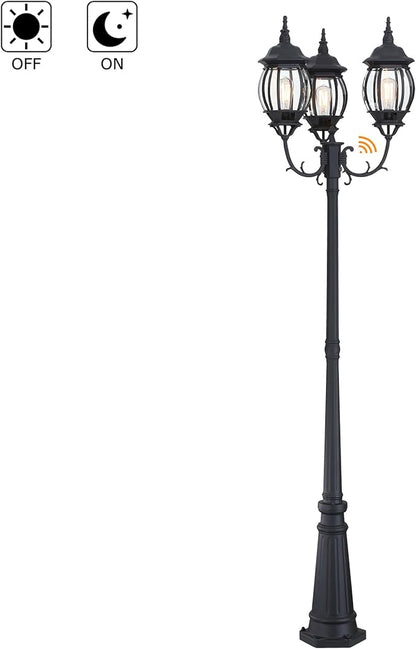 94 Inch Dusk To Dawn 3-Light Lamp Post For Backyard Garden Driveway Outdoor Street Light 94” Three-Head Post Light With Dusk To Dawn Sensor Outside Pole Lights,Aluminium Alloy,Clear Glass Shade,E26