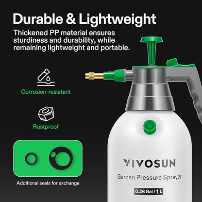 VIVOSUN Handheld Garden Sprayer, 1L Pump Sprayer, 34oz Water Spray Bottle with Safety Valve, Adjustable Nozzle, Extended Spray Rod & Additional Seals, Ideal for Watering, Fertilizing, Cleaning