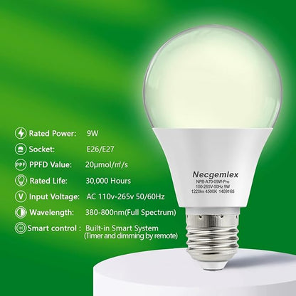 Smart LED Grow Light Bulbs with Remote Controller, Sun Simulation Mode, Built-in Auto Timer, A21/A70 E26/E27 9W Dimmable Full Spectrum Intelligent Plant Grow Bulbs for Indoor Plants, 6 Pack