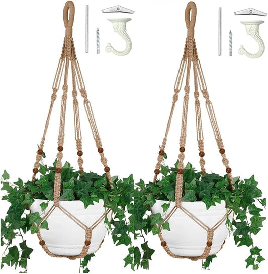 2PK 43 Inches Macrame Planter Hanger Large for 12 inch Pot + Swag Hook (Extra Long & Big) | Large Hanging Planter for Indoor Plants | No Tassel, Cotton Rope, NO Pot/Plant Included (Jute)(XL)
