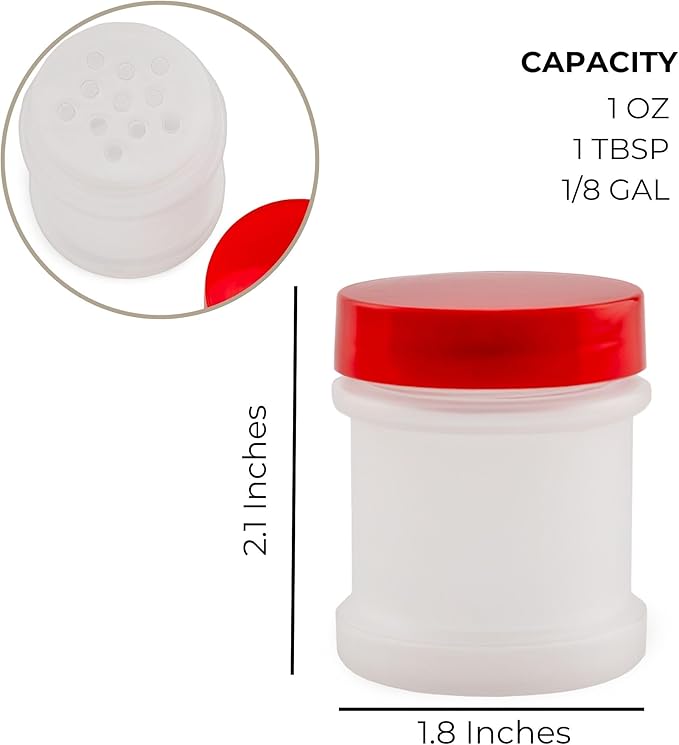 Cornucopia Brands Mini Plastic Spice Jars w/Sifters (12-Pack, Red); 2 Tablespoon Capacity (1 Fluid Ounce) Spice Bottles for Travel, Glitter, Gifts, Favors, Etc.