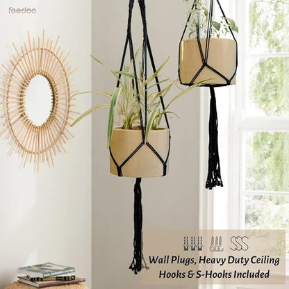 Feedee Macrame Plant Hangers - 6 Pack, Black, Indoor/Outdoor, Cotton