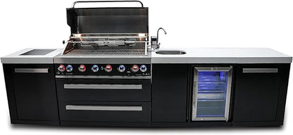 Mont Alpi MAi805-BSSBEV 6-Burner 115000 BTU Black Stainless Steel Island Outdoor Kitchen Gas Barbecue Grill with Beverage Center - Granite Countertops + Storage Drawers and Cabinets + Faucet & Sink
