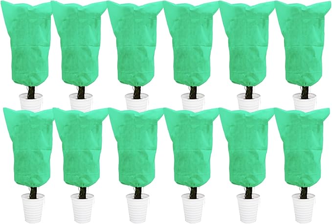 EAONE 12 Pack Plant Covers Freeze Protection, 32x47'' Winter Frosts Cloth for Outdoor Plants, Reusable Frost Blankets Drawstring Bags for Cold Freeze Sun Protection Bird Insect Prevention,Green