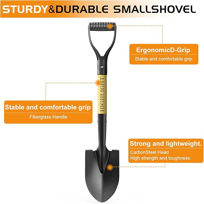 HIGHLIGHT Kids Shovel, Small Shovels for Digging, Overall Length 28 Inches, Mini D Handle, Gardening Shovel, Metal Beach Shovel, Camping, Snow, Wood Handle