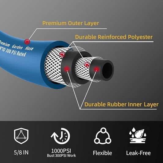 Heavy Duty Premium Garden Hose 125ft x 5/8", 300PSI Working, 1000PSI Burst, Hybrid Rubber Water Hose with Transparent Swivel Handle - Hot/Cold Water - Five Layered Braiding with Brass fittings (Blue)