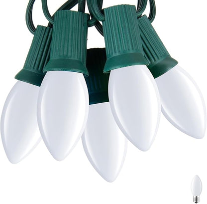 Brightown C7 Pure White LED Christmas Lights, 25Ft Vintage String Lights with 25+1 Plastic Bulbs, E12 Candelabra Base, Outdoor Retro Style Hanging Lights for Xmas Patio Fence Roofline Holiday