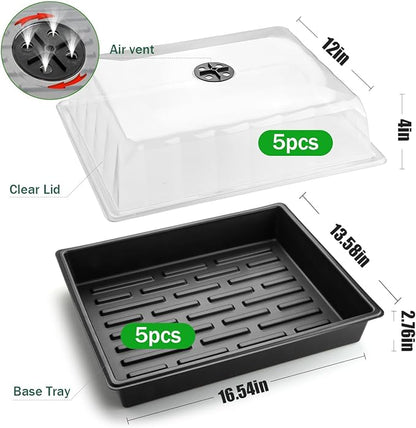Leak-Proof Seed Starter Trays with 4" Humidity Dome & Drip Tray - 5-Pack Heavy-Duty Plastic Propagation Kit for Herbs, Microgreens, Indoor Gardening, Durable Reusable Plant Growing Trays