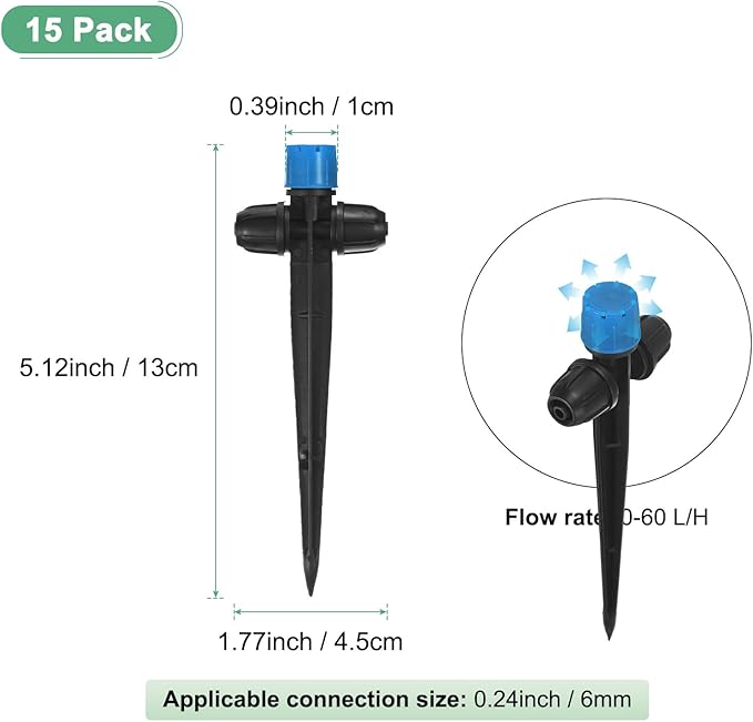 15-Pack Drip Irrigation Emitters Sprayers, Drippers on 5"/13mm Stake Adjustable 360 Degree Water Flow 8 Holes for 1/4" Drip Irrigation Tubing for Watering System [Blue, Drip]