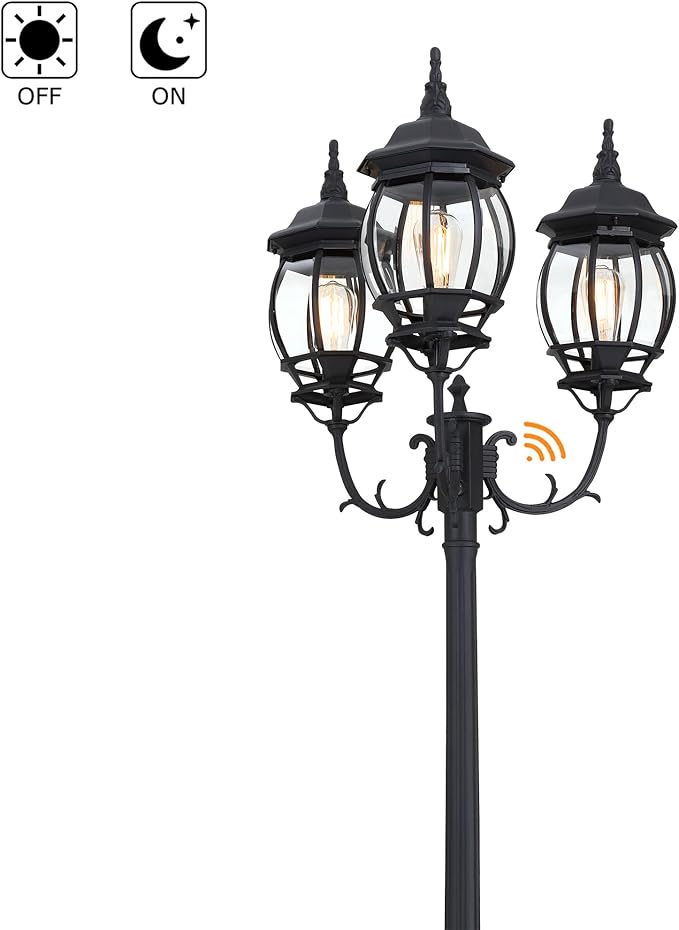 94 Inch Dusk To Dawn 3-Light Lamp Post For Backyard Garden Driveway Outdoor Street Light 94” Three-Head Post Light With Dusk To Dawn Sensor Outside Pole Lights,Aluminium Alloy,Clear Glass Shade,E26