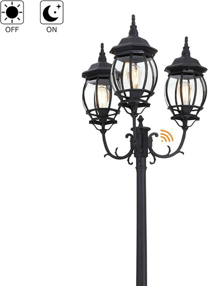 94 Inch Dusk To Dawn 3-Light Lamp Post For Backyard Garden Driveway Outdoor Street Light 94” Three-Head Post Light With Dusk To Dawn Sensor Outside Pole Lights,Aluminium Alloy,Clear Glass Shade,E26