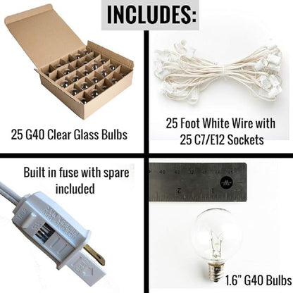 Hometown Evolution, Inc. 25 Foot Globe String Lights (G40 Clear - White Wire - 1.6 Inch 5 Watt Bulbs)