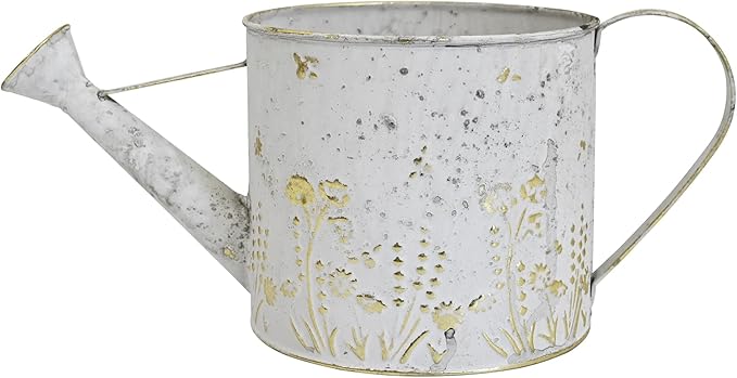 Vintage Metal Watering Can with Floral Embossed Design Garden Distressed White Decorative Watering Pot Planter Rustic Farmhouse Waterer for Home Indoor Outdoor Garden Balcony Courtyard (White#2)