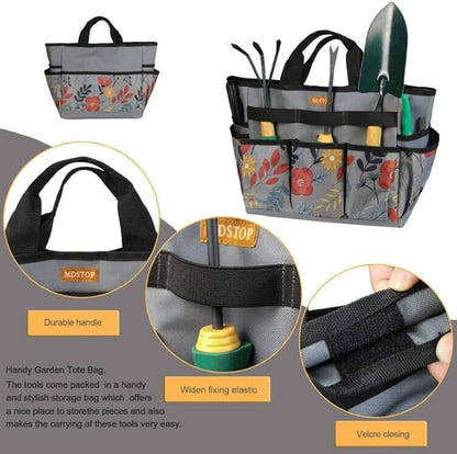 MDSTOP Garden Tool Bag, Garden Tool Kit Holder Home Organizer Storage Carrier, Oxford Garden Hand Tool Storage Tote Organizer with Handle and 8 Roomy Pockets, Floral Gardening Gift, Tools Not Included