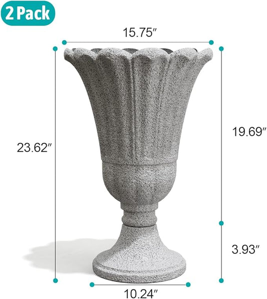 Tall Plastic Urn Planters for Outdoor Plants Set of 2-23.6" H Classic Petal Design Indoor Large Flower Pots with Drainage Holes, Outdoor Planters for Porch Decor/Garden Vase, Grey