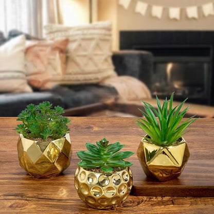 Briful Artificial Succulents Plants in Ceramic Pots, 3 Pack Faux Succulent Set with Gold Geometric Planters – Modern Desk Decor for Home Office Shelf Bathroom, Small Fake Plants Potted