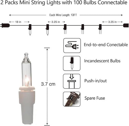 Vigdur 2 Pack 13ft 50 Clear Outdoor String Lights on White Wire Cord, UL Approved for Indoor/Outdoors Use, Connectable 120V Clear Outdoor Lights for Xmas Patio Home Party Garden Decor(White)