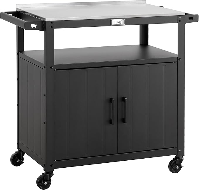 Outdoor Grill Cart with Stainless Steel Tabletop and Storage Cabinet, Movable Kitchen Island with Wheels for BBQ Food Prep, Black