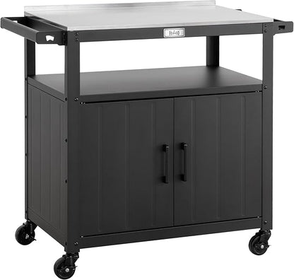 Outdoor Grill Cart with Stainless Steel Tabletop and Storage Cabinet, Movable Kitchen Island with Wheels for BBQ Food Prep, Black